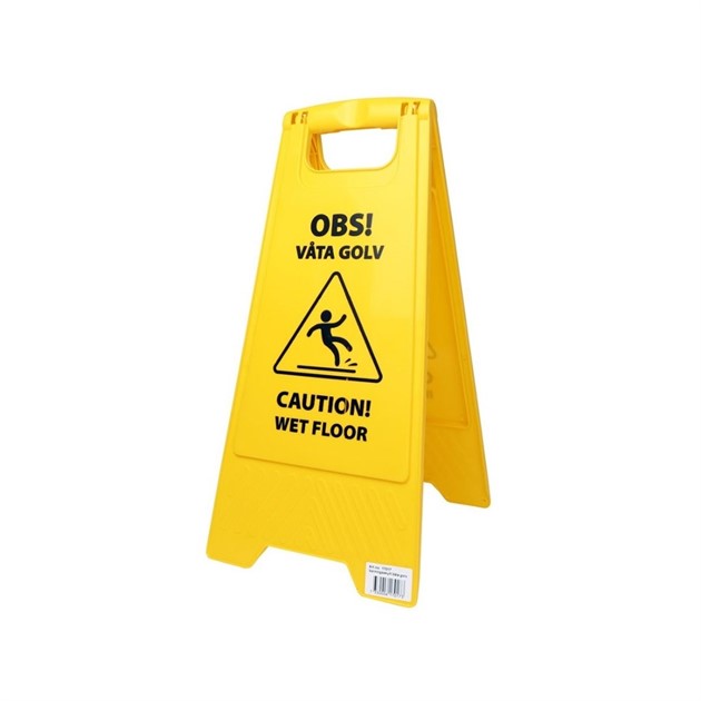 Varningsskylt '"Våta golv/städning pågår" gul